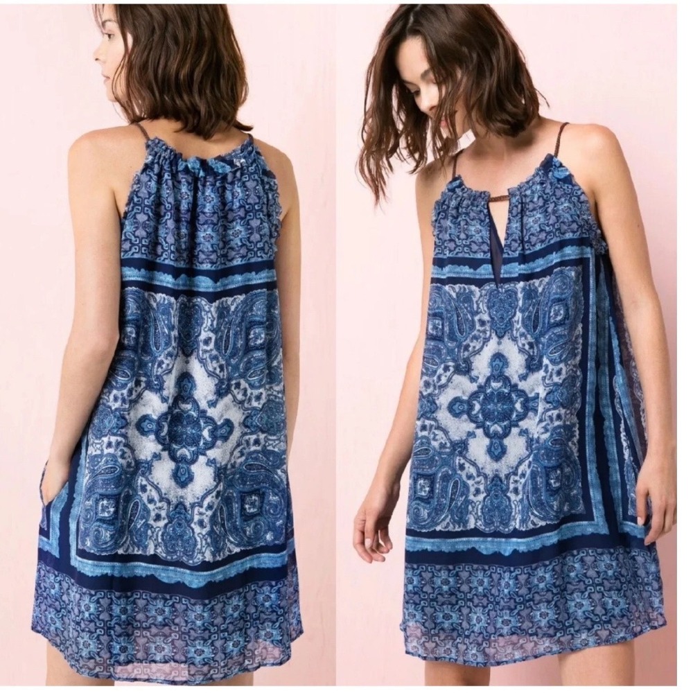 MNG Mango Paisley Halter Mini Dress‎ Blue White Chiffon Boho Trapeze Womens S